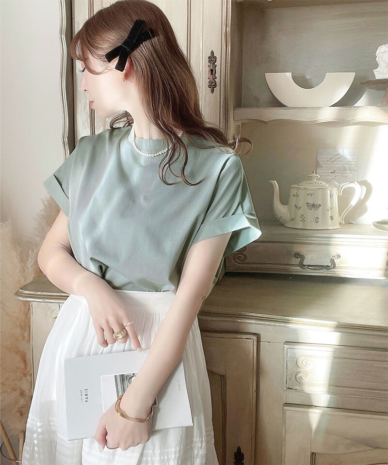 トップス tシャツ レディース カットソー 前後2way シルケット メタルボタン フレンチスリーブ シンプル 華奢見え 体型カバー | classicalelf | 11