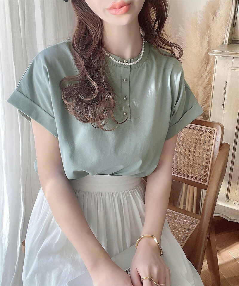 トップス tシャツ レディース カットソー 前後2way シルケット メタルボタン フレンチスリーブ シンプル 華奢見え 体型カバー | classicalelf | 12