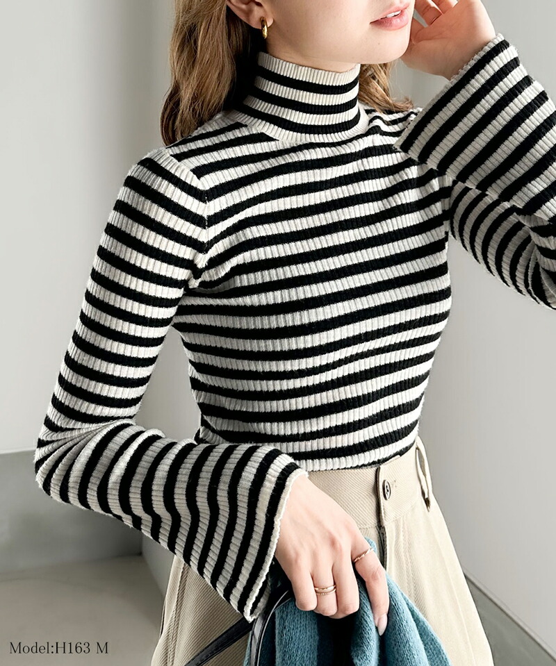 トップス ニット レディース 袖フレア リブ ボーダ― ハイネック ニット プルオーバー コンパクト ふんわり ソフトな肌触り | classicalelf | 02