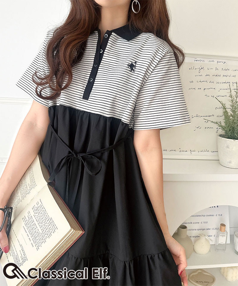 【 クラシカルエルフ classical elf 】ワンピース レディース 異素材 ミックス 胸 刺繍 ポロ 衿 布帛 切り替え ティアード ワンピ 半袖 カジュアル | classicalelf