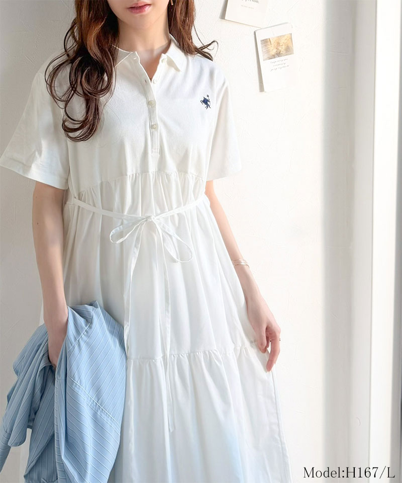 【 クラシカルエルフ classical elf 】ワンピース レディース 異素材 ミックス 胸 刺繍 ポロ 衿 布帛 切り替え ティアード ワンピ 半袖 カジュアル | classicalelf | 02