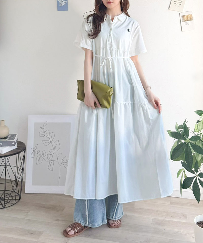 【 クラシカルエルフ classical elf 】ワンピース レディース 異素材 ミックス 胸 刺繍 ポロ 衿 布帛 切り替え ティアード ワンピ 半袖 カジュアル | classicalelf | 04