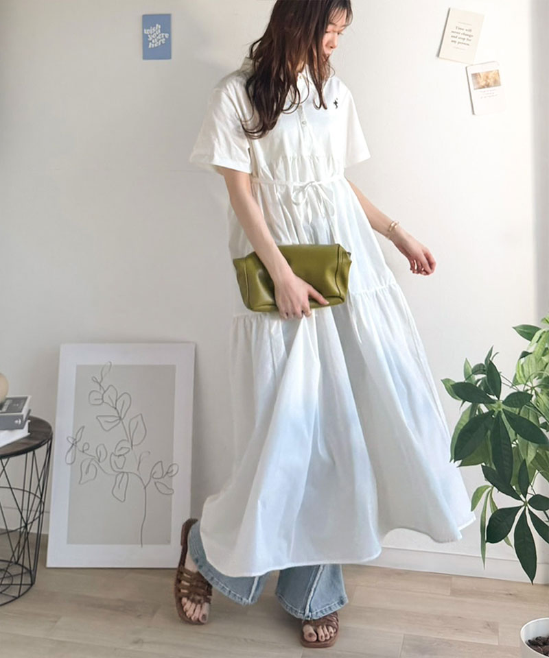 【 クラシカルエルフ classical elf 】ワンピース レディース 異素材 ミックス 胸 刺繍 ポロ 衿 布帛 切り替え ティアード ワンピ 半袖 カジュアル | classicalelf | 05