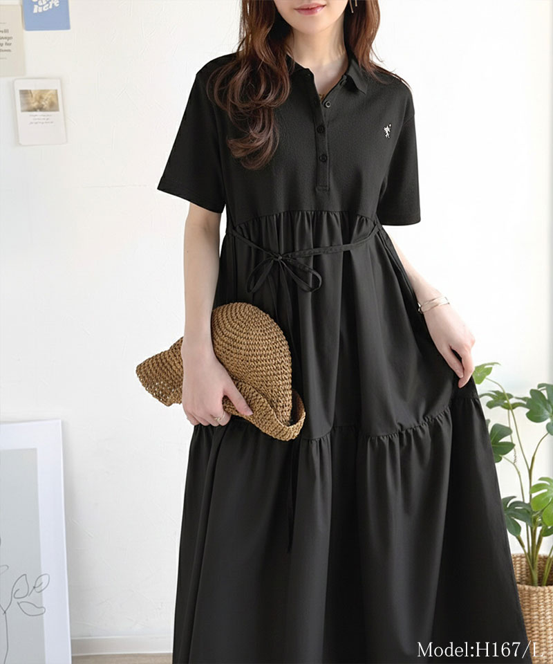 【 クラシカルエルフ classical elf 】ワンピース レディース 異素材 ミックス 胸 刺繍 ポロ 衿 布帛 切り替え ティアード ワンピ 半袖 カジュアル | classicalelf | 06