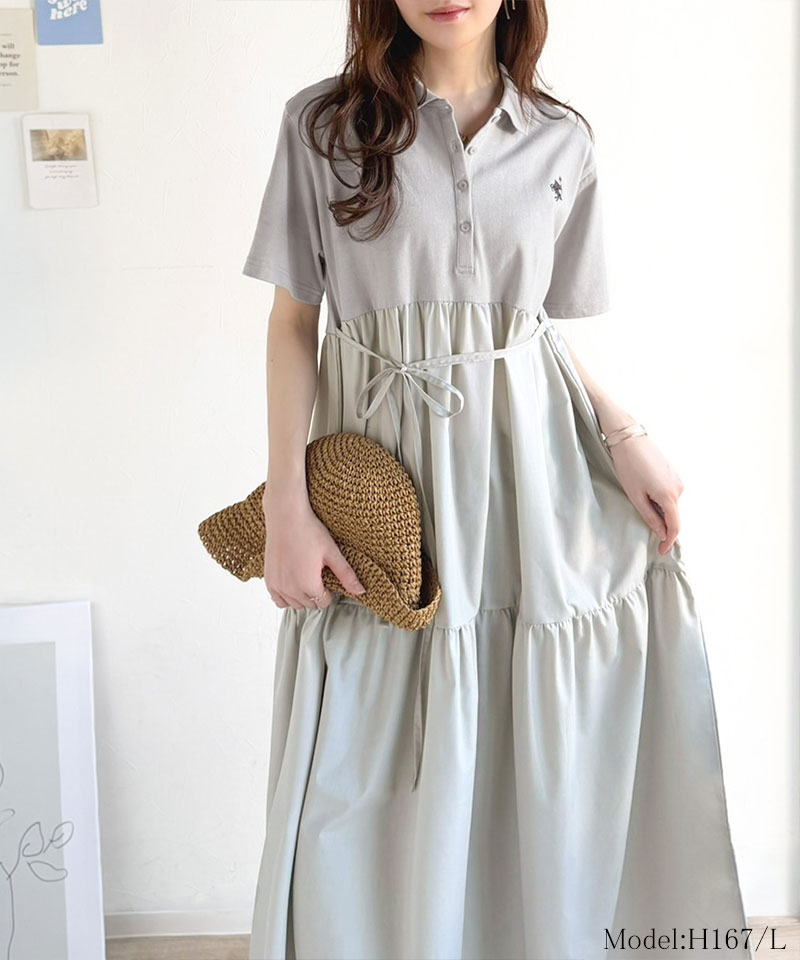 【 クラシカルエルフ classical elf 】ワンピース レディース 異素材 ミックス 胸 刺繍 ポロ 衿 布帛 切り替え ティアード ワンピ 半袖 カジュアル | classicalelf | 10