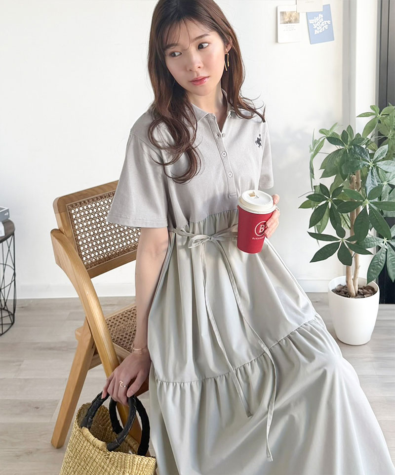 【 クラシカルエルフ classical elf 】ワンピース レディース 異素材 ミックス 胸 刺繍 ポロ 衿 布帛 切り替え ティアード ワンピ 半袖 カジュアル | classicalelf | 12