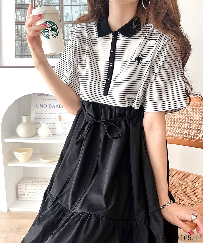 【 クラシカルエルフ classical elf 】ワンピース レディース 異素材 ミックス 胸 刺繍 ポロ 衿 布帛 切り替え ティアード ワンピ 半袖 カジュアル | classicalelf | 13