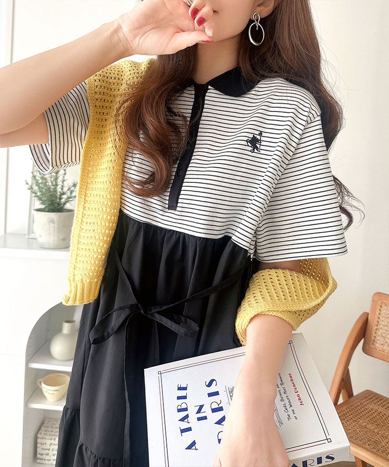 【 クラシカルエルフ classical elf 】ワンピース レディース 異素材 ミックス 胸 刺繍 ポロ 衿 布帛 切り替え ティアード ワンピ 半袖 カジュアル | classicalelf | 14