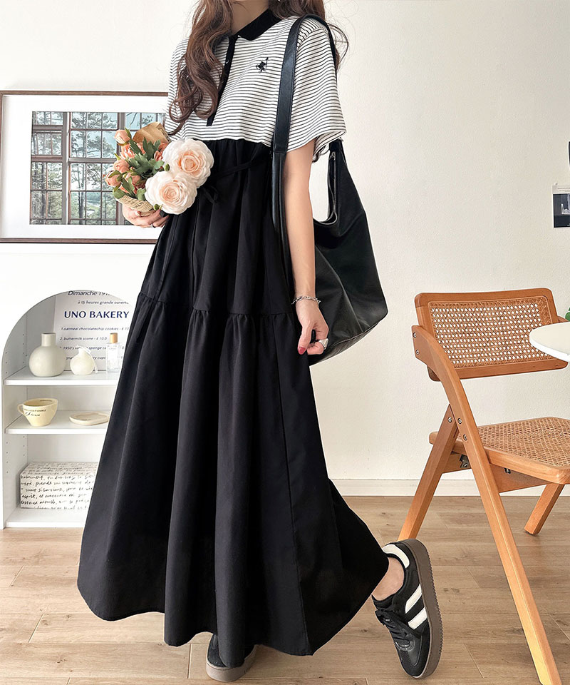 【 クラシカルエルフ classical elf 】ワンピース レディース 異素材 ミックス 胸 刺繍 ポロ 衿 布帛 切り替え ティアード ワンピ 半袖 カジュアル | classicalelf | 15