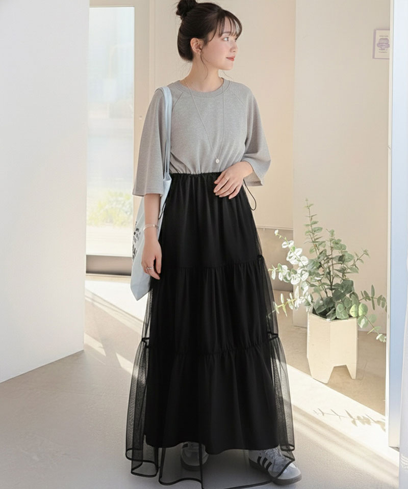 【 クラシカルエルフ classical elf 】ワンピース レディース 半袖 スウェット チュール ドッキング ワンピ ティアード スカート おしゃれ カジュアル | classicalelf | 08