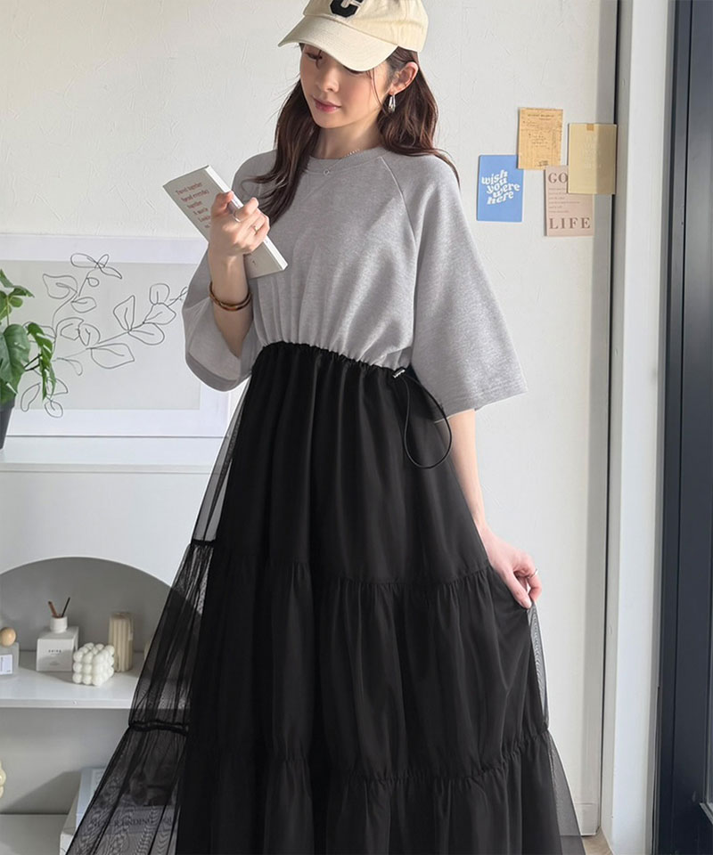 【 クラシカルエルフ classical elf 】ワンピース レディース 半袖 スウェット チュール ドッキング ワンピ ティアード スカート おしゃれ カジュアル | classicalelf | 10