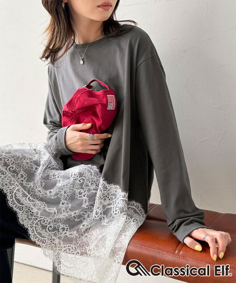 体型も美しくカバー。裾レースカットソードッキングTシャツ（ Classical Elf クラシカルエルフ ce1020364 | classicalelf