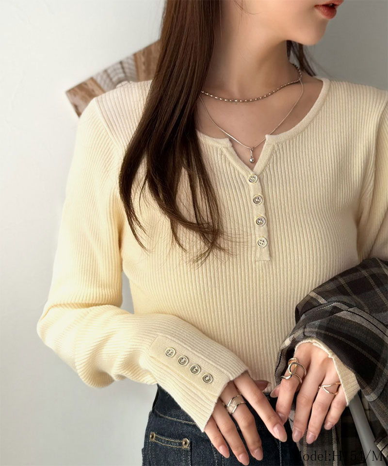 華奢&スタイルアップが叶う！袖ボタンスキッパーヘンリーリブニット（長袖） Classical Elf クラシカルエルフ ce1020387 | classicalelf | 03