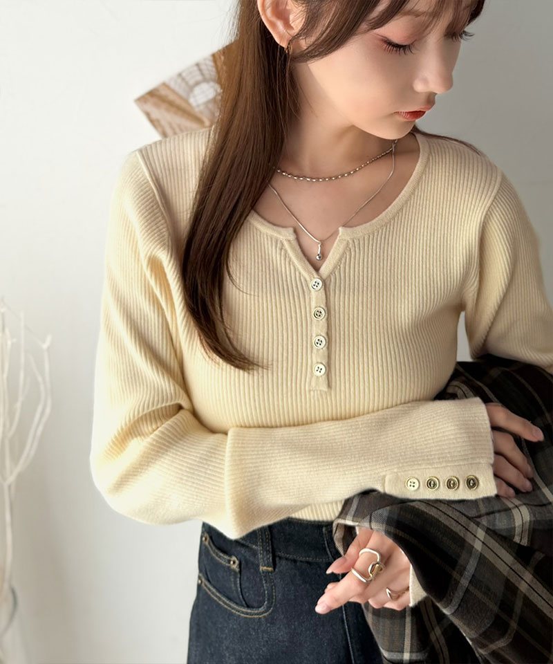 華奢&スタイルアップが叶う！袖ボタンスキッパーヘンリーリブニット（長袖） Classical Elf クラシカルエルフ ce1020387 | classicalelf | 05