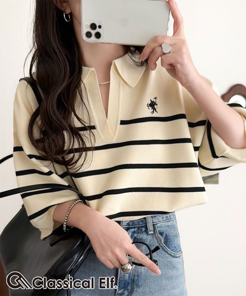 【 クラシカルエルフ classical elf 】 ニット レディース 5分袖 トップス  ポロニット プルオーバー | classicalelf