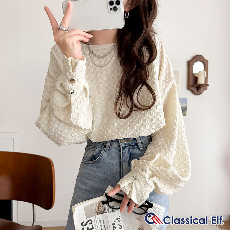 【 クラシカルエルフ classical elf 】 トップス カットソー 長袖 レディース きれいめ フクレジャガード プルオーバー リラックス こな ジャガード | classicalelf