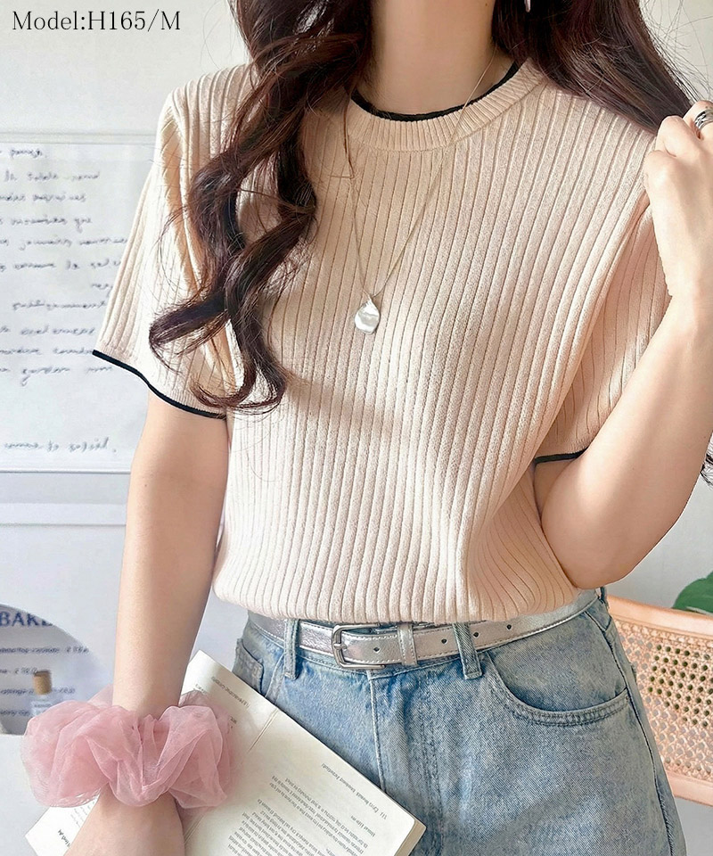 【 クラシカルエルフ classical elf 】 ニット レディース 半袖 トップス  リブニット 半袖 袖先 配色 着映え | classicalelf | 02