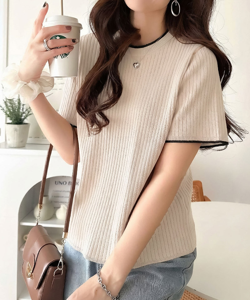 【 クラシカルエルフ classical elf 】 ニット レディース 半袖 トップス  リブニット 半袖 袖先 配色 着映え | classicalelf | 03