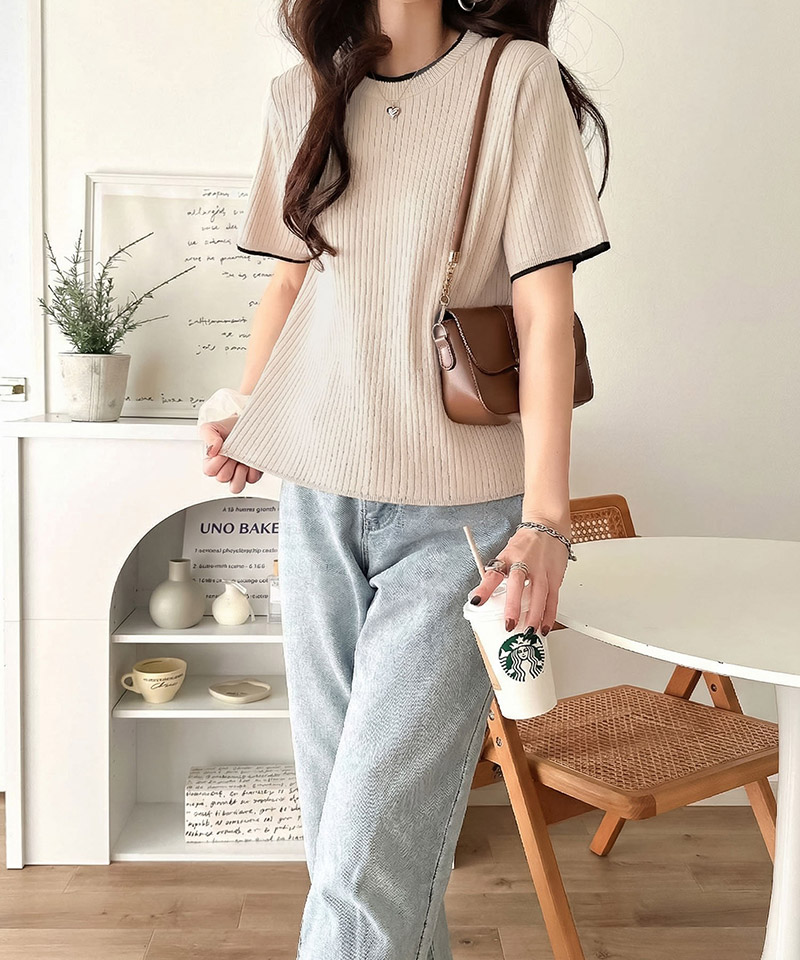 【 クラシカルエルフ classical elf 】 ニット レディース 半袖 トップス  リブニット 半袖 袖先 配色 着映え | classicalelf | 04