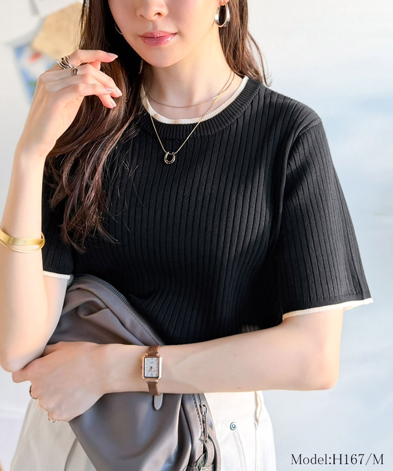 【 クラシカルエルフ classical elf 】 ニット レディース 半袖 トップス  リブニット 半袖 袖先 配色 着映え | classicalelf | 06