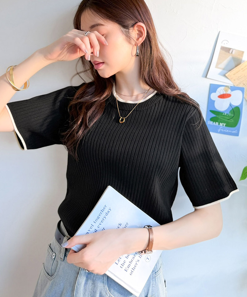 【 クラシカルエルフ classical elf 】 ニット レディース 半袖 トップス  リブニット 半袖 袖先 配色 着映え | classicalelf | 07