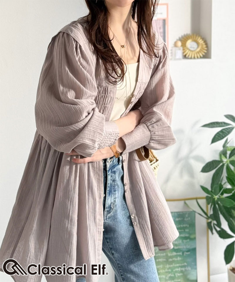 【 クラシカルエルフ classical elf 】 レディース シャツ ブラウス 長袖 トップス シアーワッシャー 素材 前後２WAY ウエストシャーリング チュニック | classicalelf