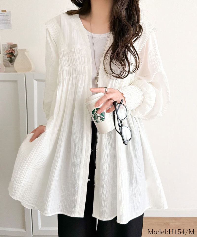 【 クラシカルエルフ classical elf 】 レディース シャツ ブラウス 長袖 トップス シアーワッシャー 素材 前後２WAY ウエストシャーリング チュニック | classicalelf | 02