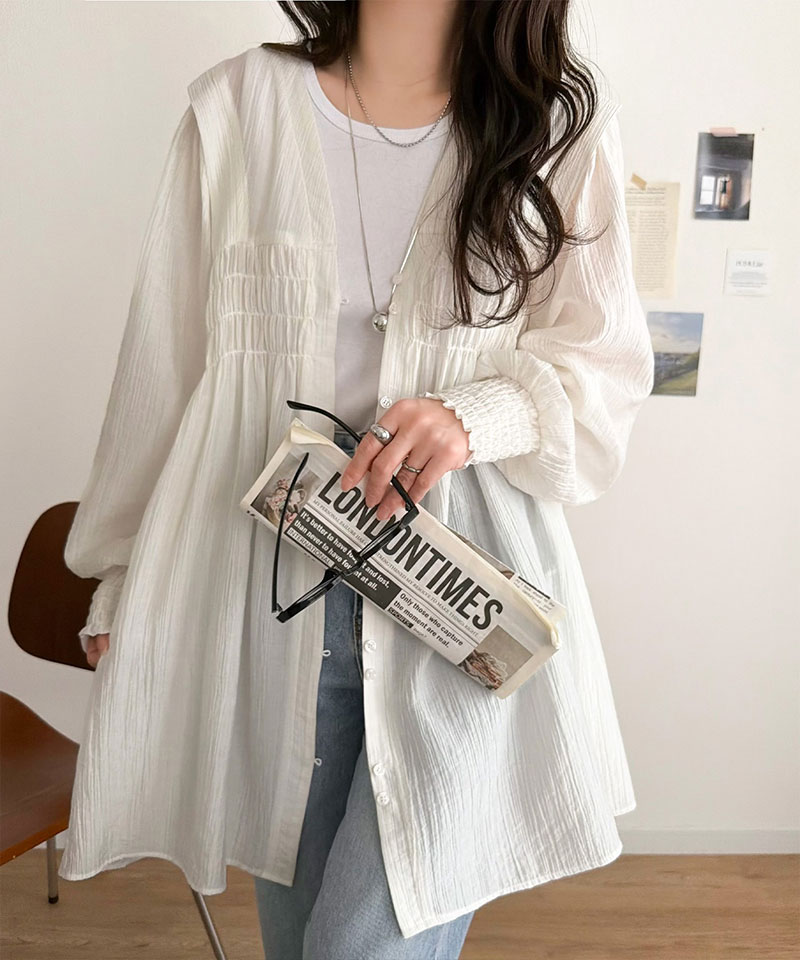 【 クラシカルエルフ classical elf 】 レディース シャツ ブラウス 長袖 トップス シアーワッシャー 素材 前後２WAY ウエストシャーリング チュニック | classicalelf | 03