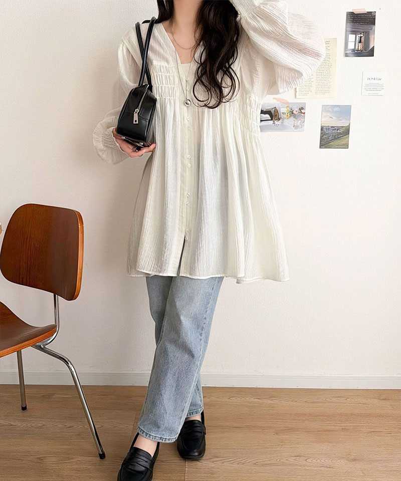 【 クラシカルエルフ classical elf 】 レディース シャツ ブラウス 長袖 トップス シアーワッシャー 素材 前後２WAY ウエストシャーリング チュニック | classicalelf | 04