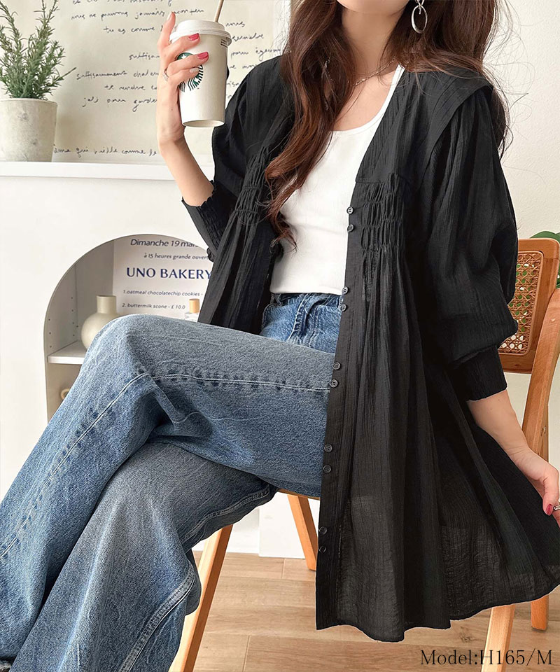 【 クラシカルエルフ classical elf 】 レディース シャツ ブラウス 長袖 トップス シアーワッシャー 素材 前後２WAY ウエストシャーリング チュニック | classicalelf | 05