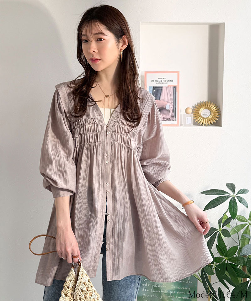 【 クラシカルエルフ classical elf 】 レディース シャツ ブラウス 長袖 トップス シアーワッシャー 素材 前後２WAY ウエストシャーリング チュニック | classicalelf | 11