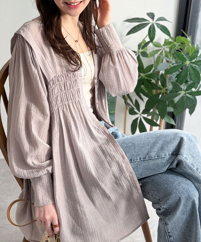 【 クラシカルエルフ classical elf 】 レディース シャツ ブラウス 長袖 トップス シアーワッシャー 素材 前後２WAY ウエストシャーリング チュニック | classicalelf | 13