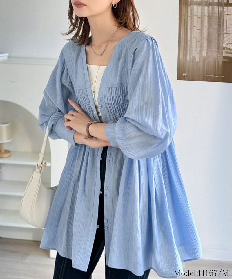 【 クラシカルエルフ classical elf 】 レディース シャツ ブラウス 長袖 トップス シアーワッシャー 素材 前後２WAY ウエストシャーリング チュニック | classicalelf | 14