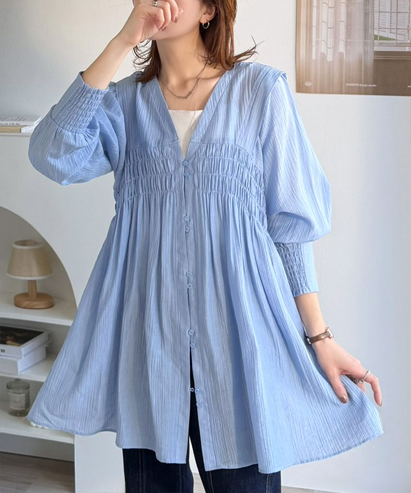 【 クラシカルエルフ classical elf 】 レディース シャツ ブラウス 長袖 トップス シアーワッシャー 素材 前後２WAY ウエストシャーリング チュニック | classicalelf | 15