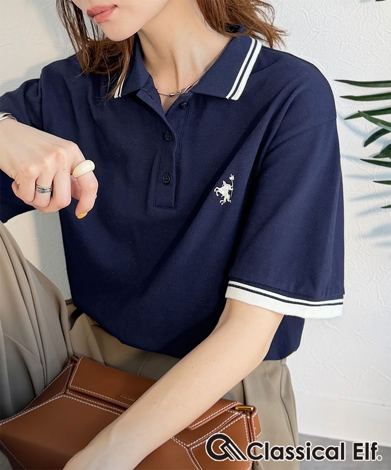 【 クラシカルエルフ classical elf 】ポロシャツ レディース 半袖 トップス スポーティ 鹿の子 ロゴ刺繍 綿100％ メンズライク 甘辛バランス | classicalelf