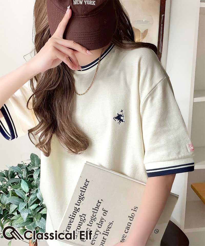 【 クラシカルエルフ classical elf 】tシャツ レディース 半袖 ロゴ トップス カットソー 鹿の子 胸刺繍 ルーズ ラウンドネック シンプル 刺繍ロゴ | classicalelf