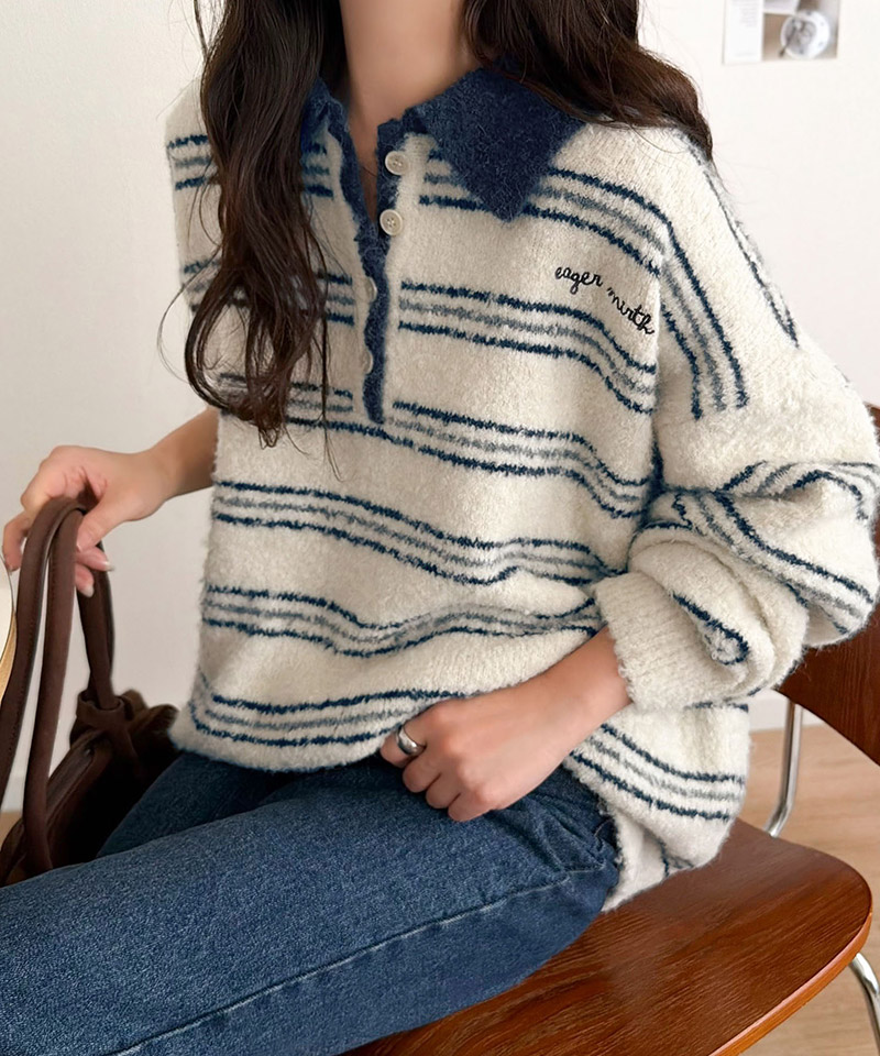 メンズライクに女子っぽさを。胸刺繍ブークレ配色ボーダーニットポロ（長袖） Classical Elf クラシカルエルフ ce1240142 | classicalelf | 05