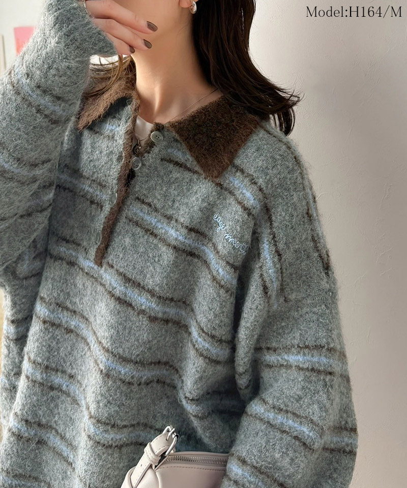 メンズライクに女子っぽさを。胸刺繍ブークレ配色ボーダーニットポロ（長袖） Classical Elf クラシカルエルフ ce1240142 | classicalelf | 07