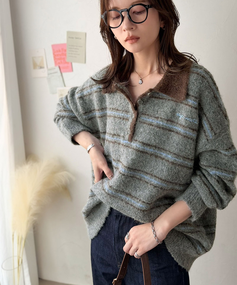 メンズライクに女子っぽさを。胸刺繍ブークレ配色ボーダーニットポロ（長袖） Classical Elf クラシカルエルフ ce1240142 | classicalelf | 08