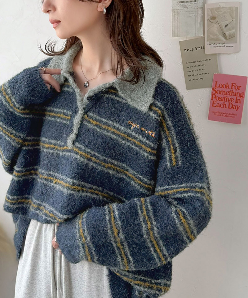 メンズライクに女子っぽさを。胸刺繍ブークレ配色ボーダーニットポロ（長袖） Classical Elf クラシカルエルフ ce1240142 | classicalelf | 15