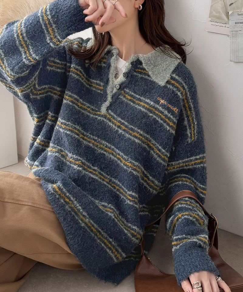メンズライクに女子っぽさを。胸刺繍ブークレ配色ボーダーニットポロ（長袖） Classical Elf クラシカルエルフ ce1240142 | classicalelf | 16