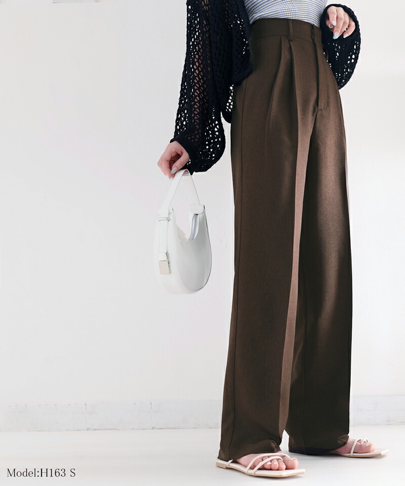 ボトムス パンツ レディース ストレート 2タック ワイドシルエット センタープレスパンツ ハイウエスト ベルト 穿き心地 美脚シルエット | classicalelf | 05