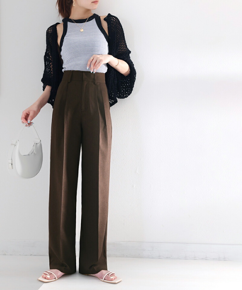 ボトムス パンツ レディース ストレート 2タック ワイドシルエット センタープレスパンツ ハイウエスト ベルト 穿き心地 美脚シルエット | classicalelf | 06