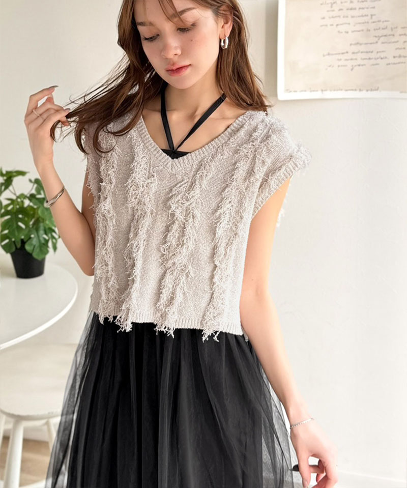 【 クラシカルエルフ classical elf 】 【お得な2点セット】 ワンピース 春 カジュアル レディース フリンジニット フレアーチュール ワンピ ベスト付 | classicalelf | 03