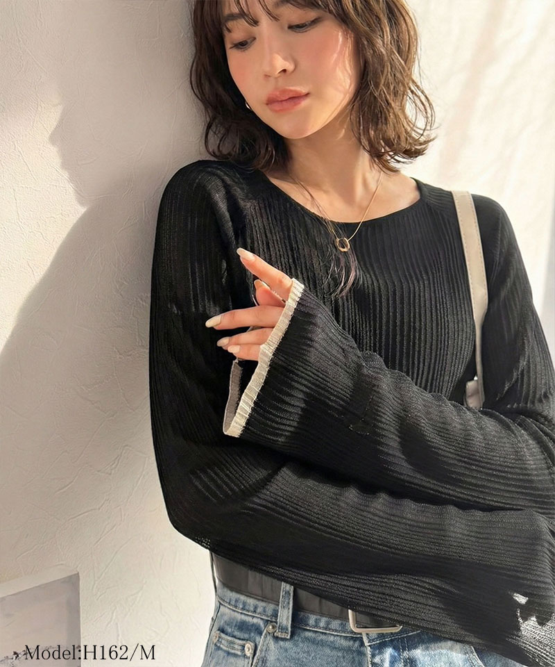 【 クラシカルエルフ classical elf 】シアー トップス 春 レディース 長袖  Tシャツ ランダム タック シアー袖 フレア 長袖 プルオーバー 透け感 | classicalelf | 05