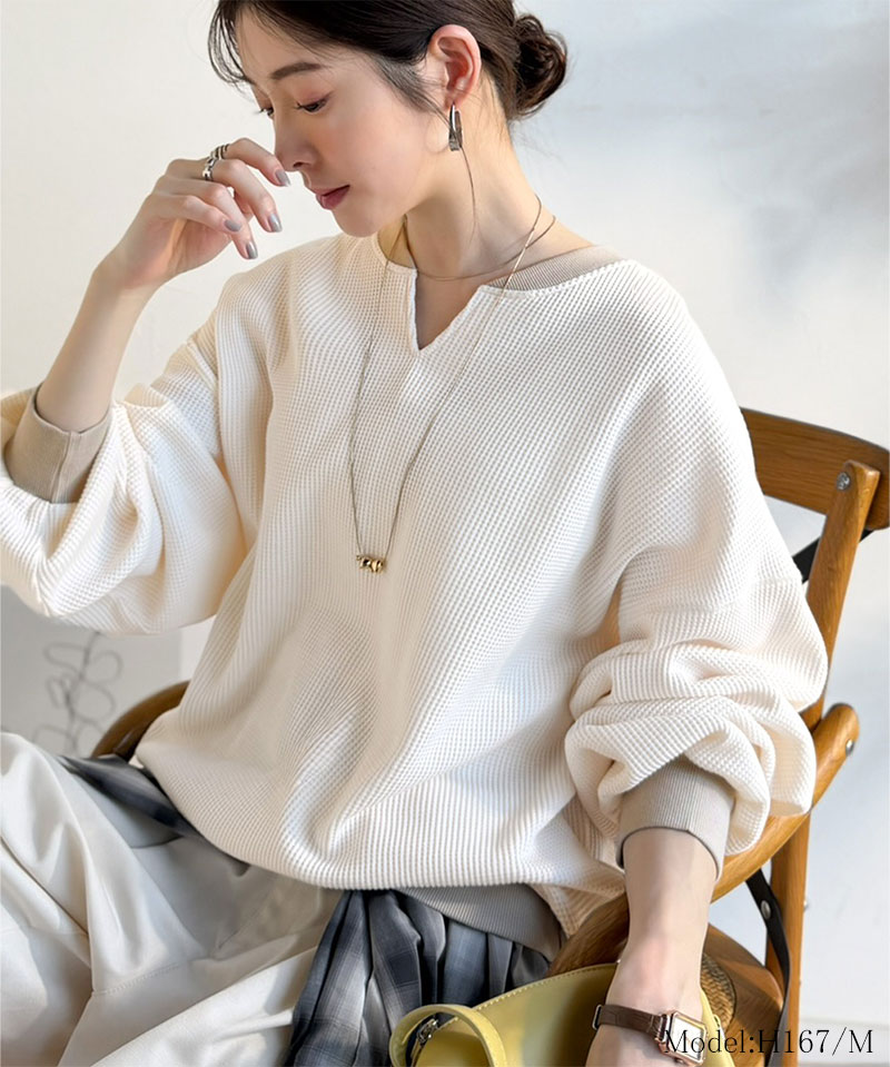 【 クラシカルエルフ classical elf 】 ワッフル ロンT レディース トップス Tシャツ キーネック ゆったり オーバーサイズ 配色 プルオーバー | classicalelf | 02