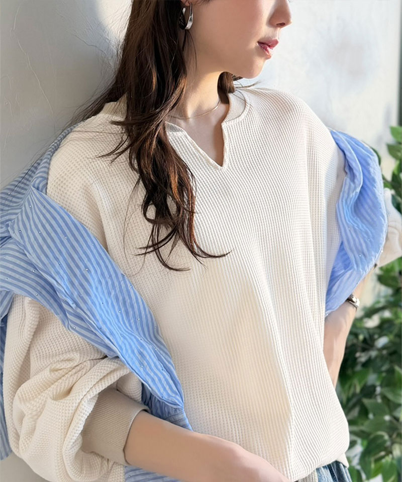 【 クラシカルエルフ classical elf 】 ワッフル ロンT レディース トップス Tシャツ キーネック ゆったり オーバーサイズ 配色 プルオーバー | classicalelf | 04