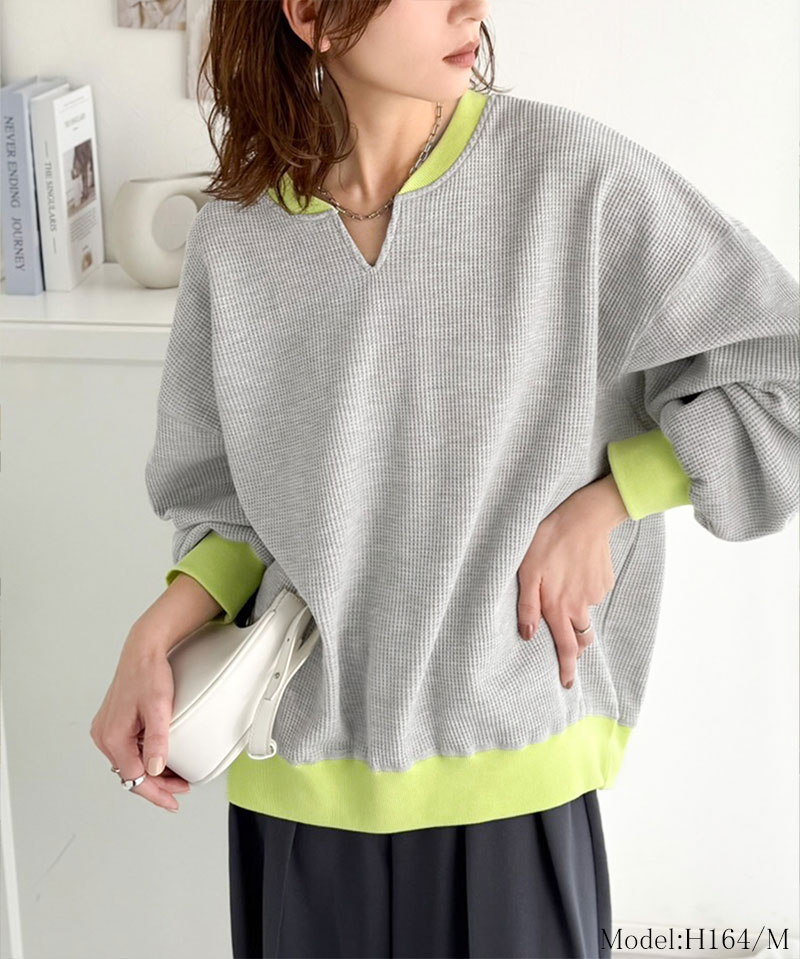 【 クラシカルエルフ classical elf 】 ワッフル ロンT レディース トップス Tシャツ キーネック ゆったり オーバーサイズ 配色 プルオーバー | classicalelf | 06