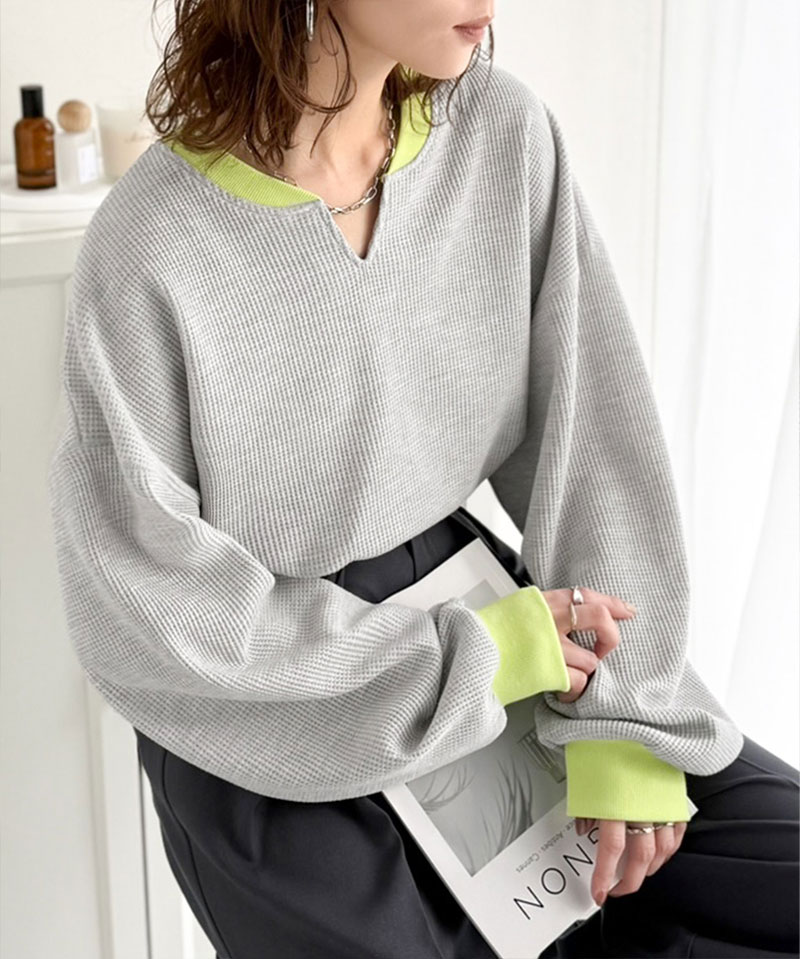 【 クラシカルエルフ classical elf 】 ワッフル ロンT レディース トップス Tシャツ キーネック ゆったり オーバーサイズ 配色 プルオーバー | classicalelf | 07