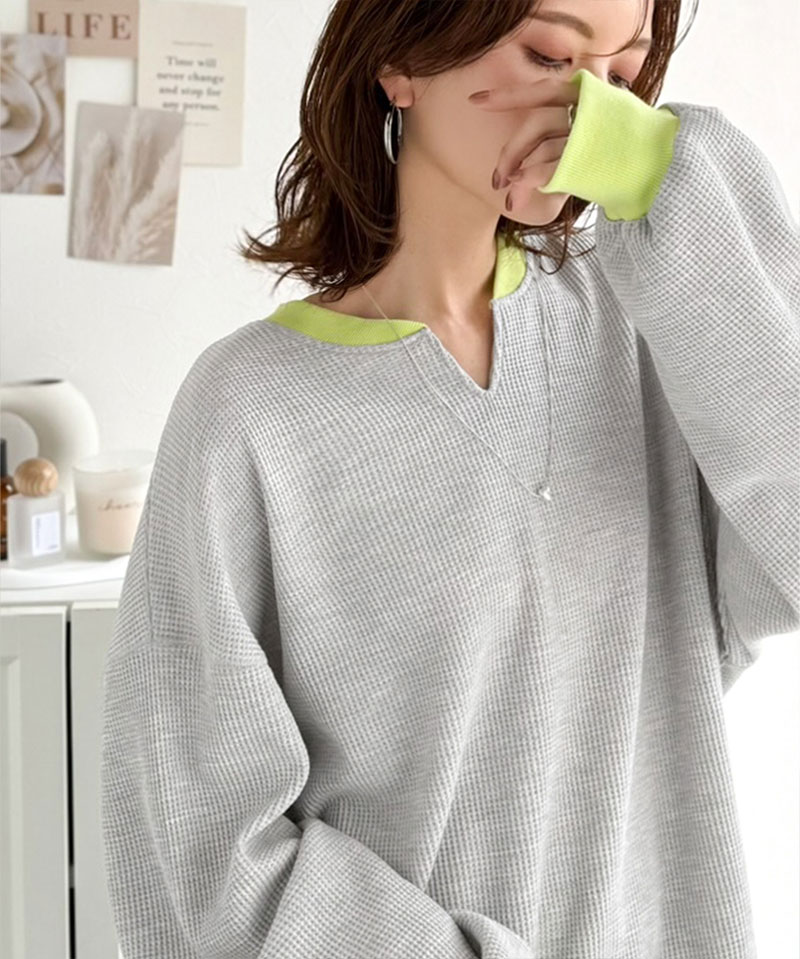 【 クラシカルエルフ classical elf 】 ワッフル ロンT レディース トップス Tシャツ キーネック ゆったり オーバーサイズ 配色 プルオーバー | classicalelf | 09